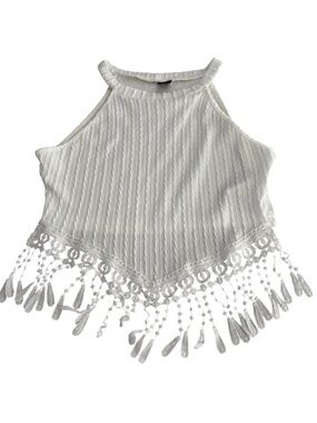 352. White Crochet Women’s Fringe Halter Festival Y2K Cropped Tank Top